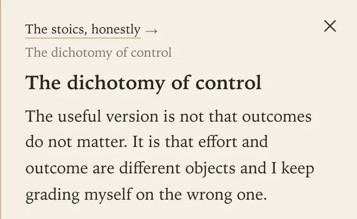 A card titled "The dichotomy of control", under the breadcrumb "The stoics, honestly", with a paragraph of body text below it.